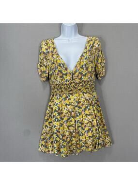 Free People Forget Me Not Mini Dress Womens 6 Yellow Floral Smocked Boho Cottage